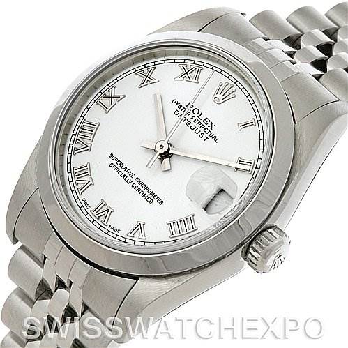 This image shows a Rolex Mid-Size 78240 Women's Stainless Steel White Dial 78240 Women's Stainless Steel White Dial watch from an oblique angle, displaying its white Roman numeral dial, stainless steel case, and bracelet.