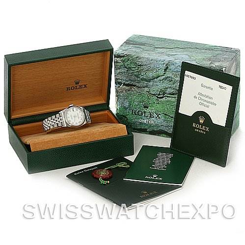 The image shows a Rolex Mid-Size 78240 Women's Stainless Steel White Dial 78240 Women's Stainless Steel White Dial watch with its box, papers, and accessories, viewed from a slightly elevated angle.
