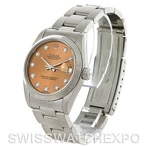 The Rolex Mid-Size 68240 Women's Stainless Steel Pink Dial 68240 Women's Stainless Steel Pink Dial watch is shown at a three-quarter angle, displaying the dial, bracelet, crown, and part of the clasp.