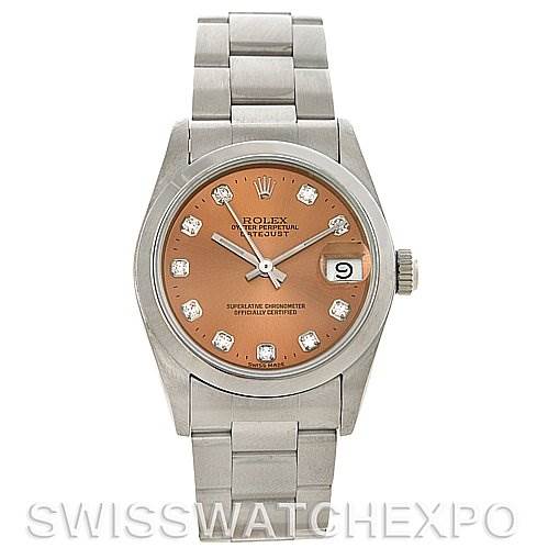 The image shows a front view of a Mid-Size Rolex watch, capturing the dial, bezel, case, crown, and bracelet.