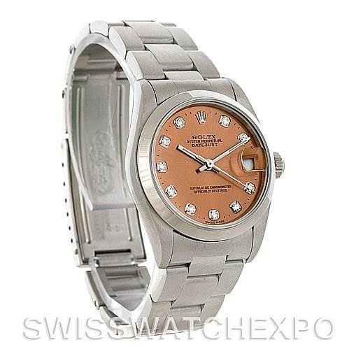 This image shows a Rolex Mid-Size 68240 Women's Stainless Steel Pink Dial 68240 Women's Stainless Steel Pink Dial Oyster Perpetual Datejust watch at an angled view, highlighting the bracelet, dial, and open clasp.