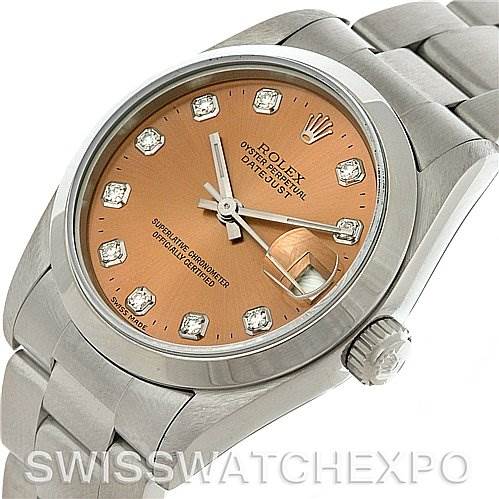 The image shows an angled view of a Rolex Mid-Size 68240 Women's Stainless Steel Pink Dial 68240 Women's Stainless Steel Pink Dial Datejust watch featuring the dial, bezel, bracelet, and crown.