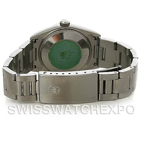 This image shows the back view of a Rolex Mid-Size 68240 Women's Stainless Steel Pink Dial 68240 Women's Stainless Steel Pink Dial watch, featuring the case back, clasp, and bracelet.