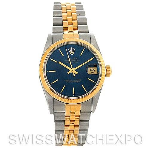 This image shows a frontal view of a Rolex Mid-Size 68273 Women
s Stainless Steel Blue Dial 68273 Women
s Stainless Steel Blue Dial watch featuring a blue dial, gold bezel, and two-tone bracelet.