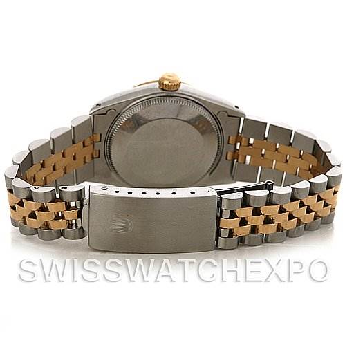 The image shows the back view of the Rolex Mid-Size 68273 Women
s Stainless Steel Blue Dial 68273 Women
s Stainless Steel Blue Dial watch, highlighting the case back, crown, and two-tone metal bracelet.