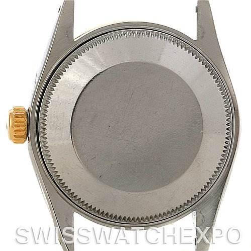 The image shows the back case and crown of a Rolex Mid-Size 68273 Women
s Stainless Steel Blue Dial 68273 Women
s Stainless Steel Blue Dial model watch, viewed from the rear.