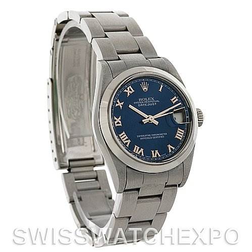 The image shows a Rolex Mid-Size 78240 Women's Stainless Steel Blue Dial 78240 Women's Stainless Steel Blue Dial watch with a blue Roman numeral dial, viewed at an angle displaying the face, band, and side profile.