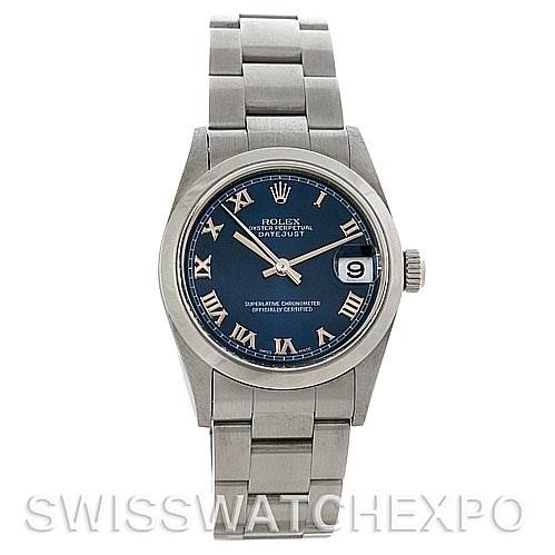 The image shows a front view of a Rolex Datejust Mid-Size watch with a blue Roman numeral dial and a stainless steel bracelet.