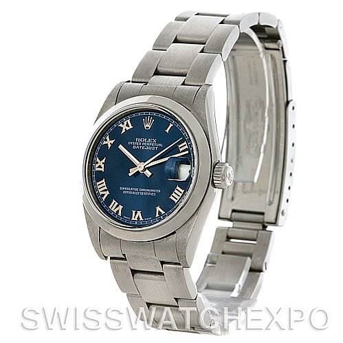 The Rolex Mid-Size 78240 Women's Stainless Steel Blue Dial 78240 Women's Stainless Steel Blue Dial model watch is shown at a three-quarter angle, highlighting its blue dial, Roman numeral markers, and metal bracelet.