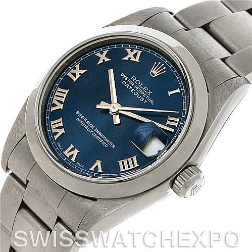 This image shows a slightly angled top view of a Rolex Datejust Mid-Size watch, highlighting its dial, bezel, crown, and bracelet.