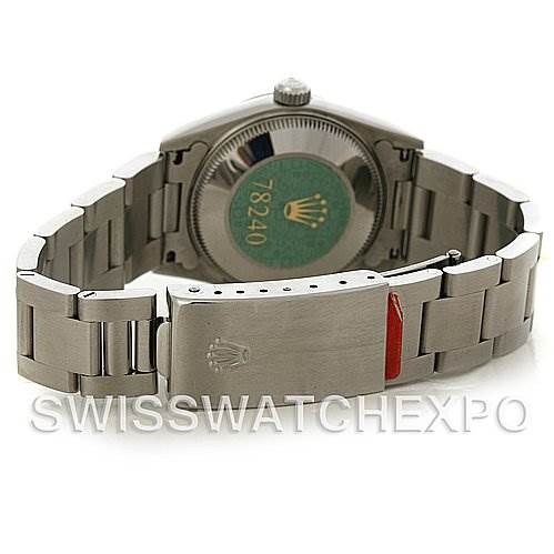 The image shows the rear view of a Rolex Mid-Size 78240 Women's Stainless Steel Blue Dial 78240 Women's Stainless Steel Blue Dial watch, highlighting the back case, bracelet links, and clasp.