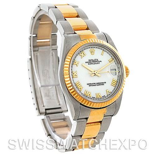 This image shows a Rolex Datejust Mid-Size watch at a three-quarter angle, highlighting the two-tone bracelet and fluted bezel.