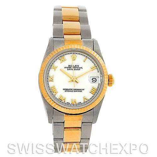 The image shows a front view of a Rolex Mid-Size 68273 Women's Stainless Steel White Dial 68273 Women's Stainless Steel White Dial Oyster Perpetual Datejust watch featuring a two-tone bracelet, gold bezel, and white dial with Roman numerals.