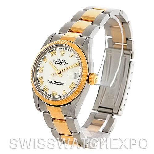 The image shows a side and front angle of a Rolex Mid-Size 68273 Women's Stainless Steel White Dial 68273 Women's Stainless Steel White Dial Datejust watch with a bi-metal bracelet and fluted bezel.