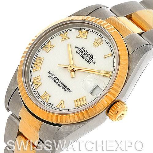 This image shows a close-up view of the Rolex Datejust Mid-Size watch displaying its dial, bezel, crown, and part of the bracelet.