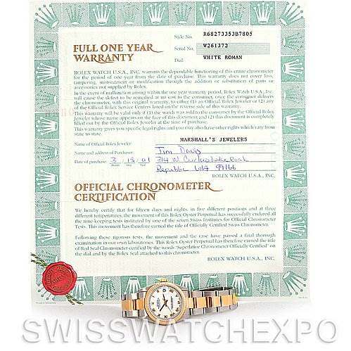 The image shows a Rolex Mid-Size 68273 Women's Stainless Steel White Dial 68273 Women's Stainless Steel White Dial model watch from a top-down angle with its warranty and certification documents.