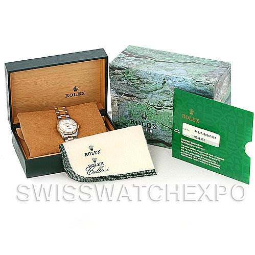 The image shows a Rolex Mid-Size 68273 Women's Stainless Steel White Dial 68273 Women's Stainless Steel White Dial watch with its box, card, and cleaning cloth, viewed from an angled top-down perspective.
