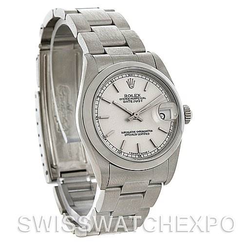 This image shows a Rolex Mid-Size 68240 Women's Stainless Steel Silver Dial 68240 Women's Stainless Steel Silver Dial watch model from a front-left angle, displaying the dial, crown, bezel, and bracelet.