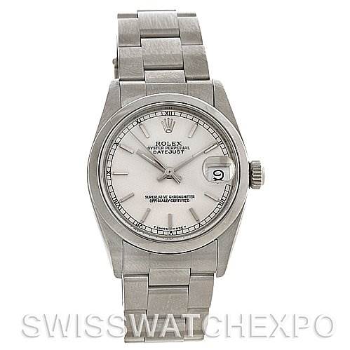 The image shows a front view of a Mid-Size Rolex Oyster Perpetual Datejust watch, displaying the dial, hands, date window, and bracelet.