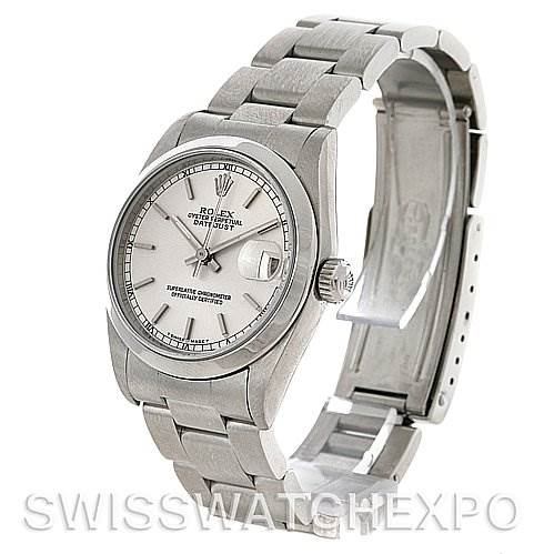 The Rolex Mid-Size 68240 Women's Stainless Steel Silver Dial 68240 Women's Stainless Steel Silver Dial watch is shown at a three-quarter angle, highlighting the face, crown, and part of the bracelet.