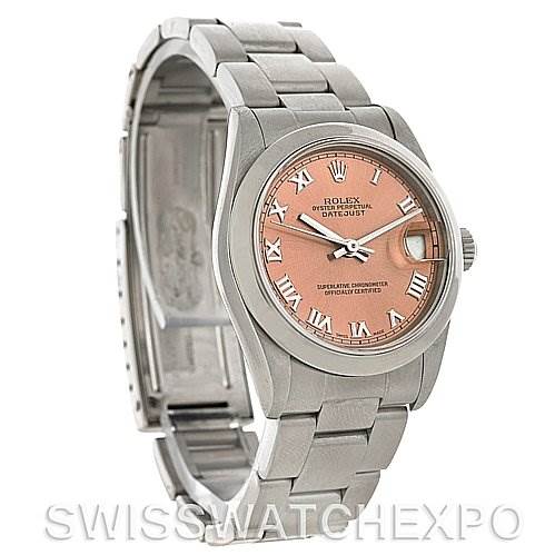 This image shows a Rolex Datejust Mid-Size model from a front-angle, highlighting its pink dial, Roman numerals, and stainless steel bracelet.