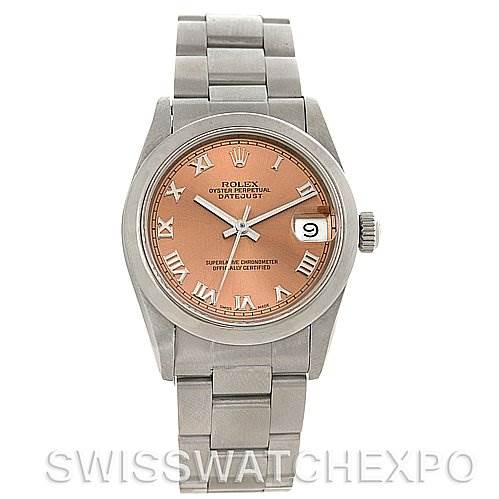 The image shows a front view of a Rolex Datejust Mid-Size watch, highlighting its dial, case, and bracelet.