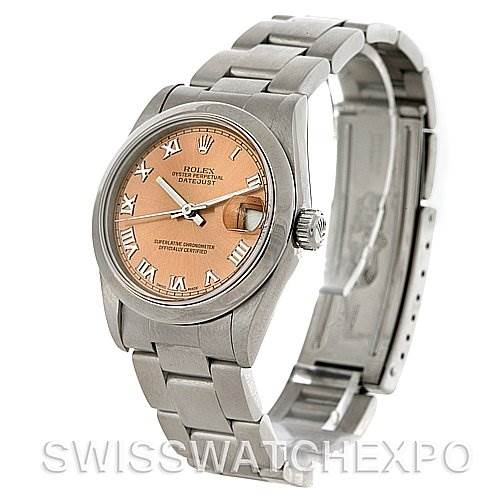 This image shows a Mid-Size Rolex Datejust watch at a slight angle displaying the face, bezel, crown, and bracelet.