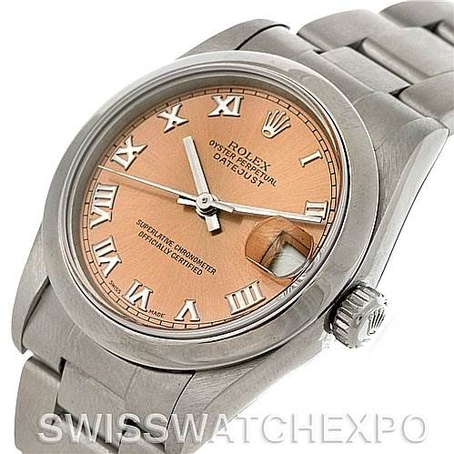 The image shows a Rolex Mid-Size 68240 Women's Stainless Steel Pink Dial 68240 Women's Stainless Steel Pink Dial Datejust watch with a pink Roman numeral dial and a stainless steel bracelet, viewed from a slight angle.