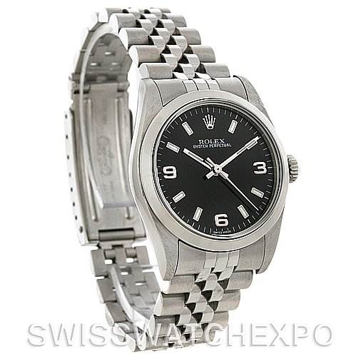 This image shows a Rolex Mid-Size 77080 Women's Stainless Steel Black Dial 77080 Women's Stainless Steel Black Dial watch at an angled view, highlighting the bezel, bracelet, clasp, and black dial with markers.