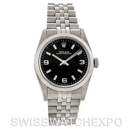 This is a front view of a Rolex Mid-Size 77080 Women's Stainless Steel Black Dial 77080 Women's Stainless Steel Black Dial Oyster Perpetual watch, showing the dial, bezel, and Jubilee bracelet.