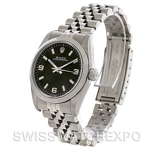 The image shows a side view of a Rolex Oyster Perpetual Mid-Size watch, including its face, bezel, crown, and partially open bracelet.