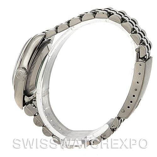 The image shows a side view of a Rolex Mid-Size 77080 Women's Stainless Steel Black Dial 77080 Women's Stainless Steel Black Dial watch, focusing on the bracelet and case details.