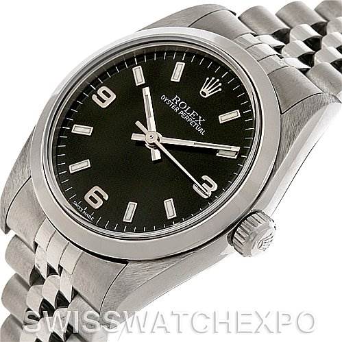 This image shows a Mid-Size Rolex Oyster Perpetual watch taken at an angle displaying the face, bezel, crown, and Jubilee bracelet.