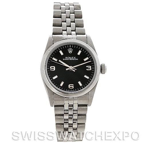 The image displays a front view of a Rolex Mid-Size 67480 Women's Stainless Steel Black Dial 67480 Women's Stainless Steel Black Dial model watch, showing the face, bezel, crown, and bracelet.