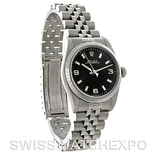 This image shows the front angle of a Rolex Mid-Size 67480 Women's Stainless Steel Black Dial 67480 Women's Stainless Steel Black Dial Oyster Perpetual watch with a black dial and jubilee bracelet.