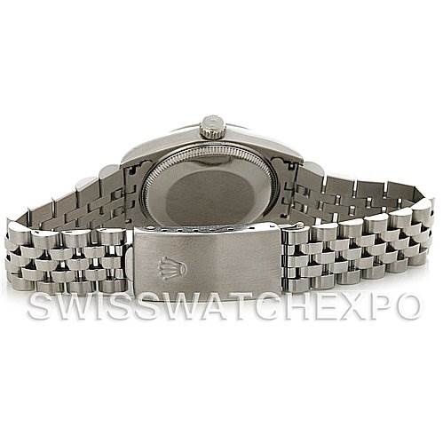 The image shows a rear view of a Rolex Mid-Size 67480 Women's Stainless Steel Black Dial 67480 Women's Stainless Steel Black Dial watch, displaying the case back and Jubilee bracelet.