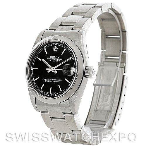 The image shows a Rolex Mid-Size 78240 Women's Stainless Steel Black Dial 78240 Women's Stainless Steel Black Dial Datejust watch at an angle, highlighting the black dial, stainless steel bracelet, and open clasp.