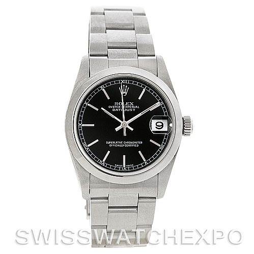 This is a front view of a Rolex Mid-Size 78240 Women's Stainless Steel Black Dial 78240 Women's Stainless Steel Black Dial model watch, showcasing its black dial, metal bracelet, and date display.