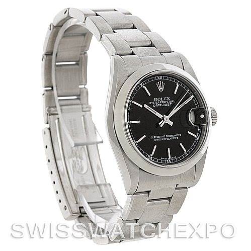 The image shows a side view of a Rolex Mid-Size 78240 Women's Stainless Steel Black Dial 78240 Women's Stainless Steel Black Dial Datejust, displaying its stainless steel bracelet, black dial, and bezel.