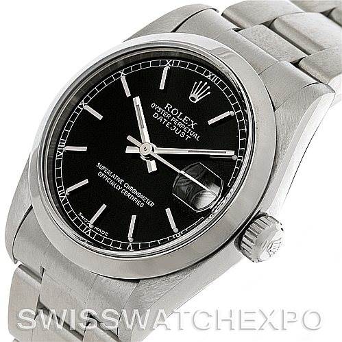 The image shows a Rolex Mid-Size 78240 Women's Stainless Steel Black Dial 78240 Women's Stainless Steel Black Dial model watch from a slightly angled perspective, highlighting its black dial, bezel, crown, and bracelet.