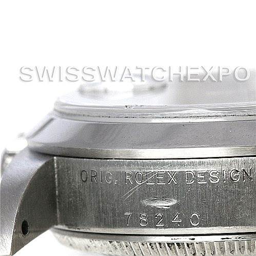 The image shows the side view of a Rolex Mid-Size 78240 Women's Stainless Steel Black Dial 78240 Women's Stainless Steel Black Dial watch, focusing on the engraved case with the model number 78240.