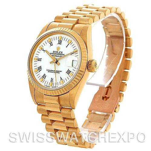This image shows a Rolex Mid-Size 68273 Women's Yellow Gold White Dial 68273 Women's Yellow Gold White Dial model watch at a three-quarter angle, displaying the face, crown, case, and bracelet.