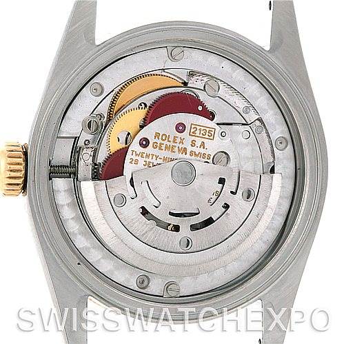 This image shows the movement mechanism of a Rolex Datejust 68273 Women's Stainless Steel Blue Dial 68273 Women's Stainless Steel Blue Dial watch from a rear angle with the case back removed.