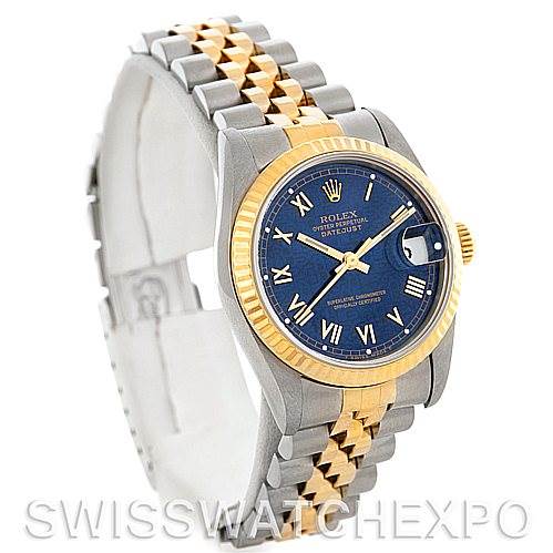 This image shows a Rolex Datejust 68273 Women's Stainless Steel Blue Dial 68273 Women's Stainless Steel Blue Dial watch at a slight angle, revealing the face, bezel, crown, and two-tone bracelet.
