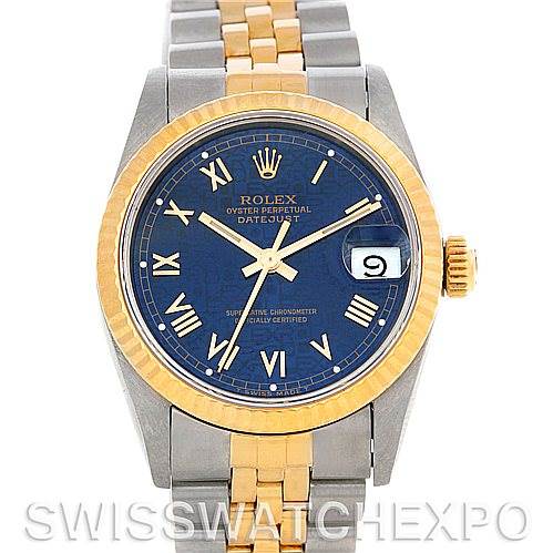 The image shows a front view of a Rolex Datejust 68273 Women's Stainless Steel Blue Dial 68273 Women's Stainless Steel Blue Dial watch, highlighting the blue dial, gold bezel, and two-tone bracelet.