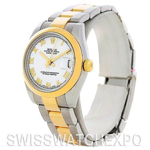 This image shows a Rolex Mid-Size 178243WRO Women's Stainless Steel White Dial 178243WRO Women's Stainless Steel White Dial Datejust watch at a three-quarter angle, displaying the face, bezel, and part of the bracelet.