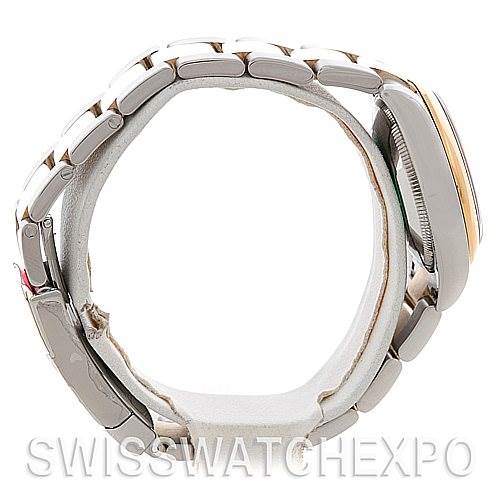 The image shows a side view of a Rolex Mid-Size 178243WRO Women's Stainless Steel White Dial 178243WRO Women's Stainless Steel White Dial watch, focusing on the bracelet, bezel, and case.