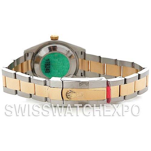 This image shows the back case and bracelet of a Mid-Size Rolex watch, highlighting its two-tone metal design and clasp.