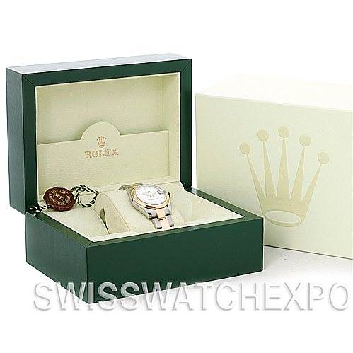 The image shows a Rolex Mid-Size 178243WRO Women's Stainless Steel White Dial 178243WRO Women's Stainless Steel White Dial model watch at an angle displaying its box, with the watch and accessories visible.