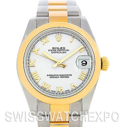This image shows a front view of a Rolex Datejust Mid-Size watch, displaying the dial, bezel, and part of the bracelet.